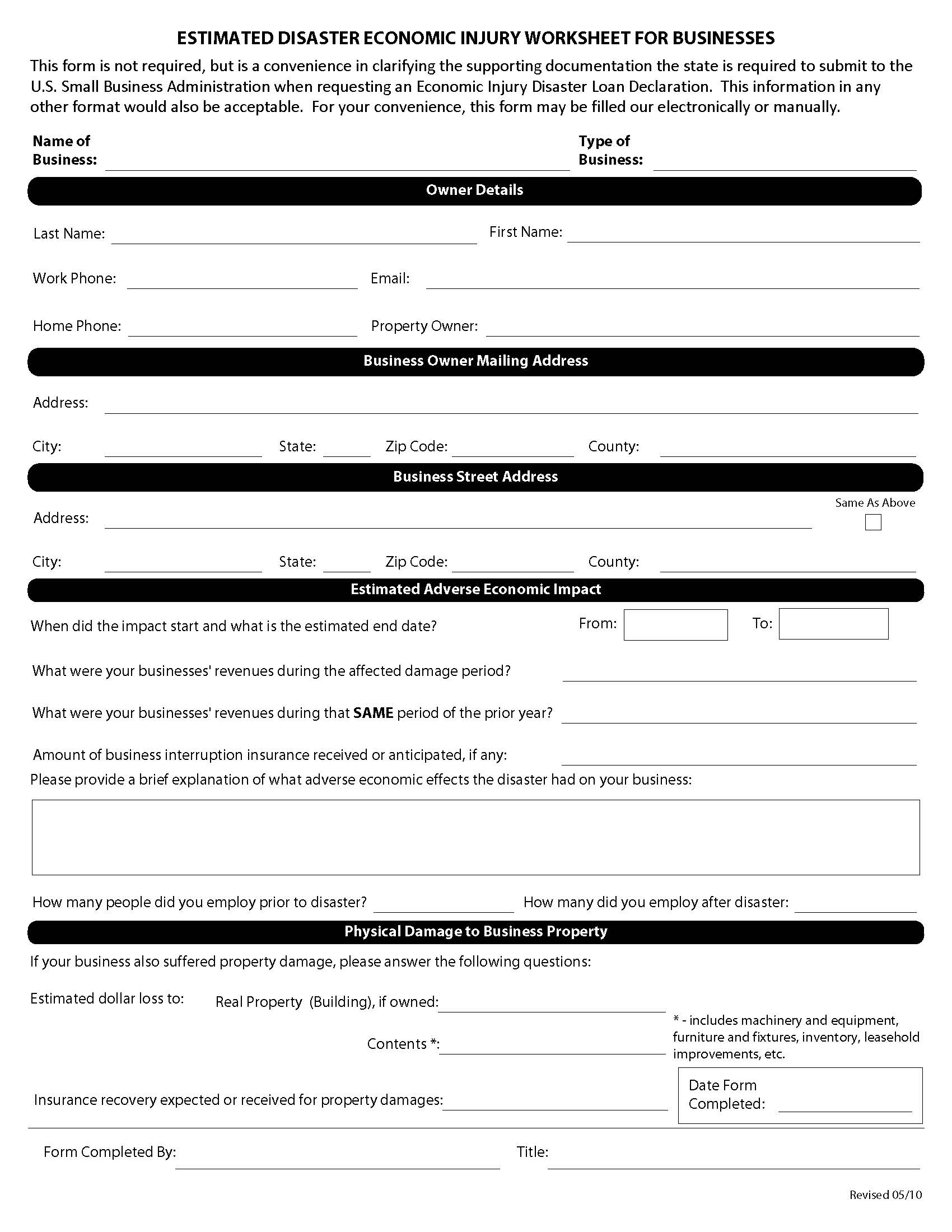 Economic Injury Worksheet Economic Injury Worksheet