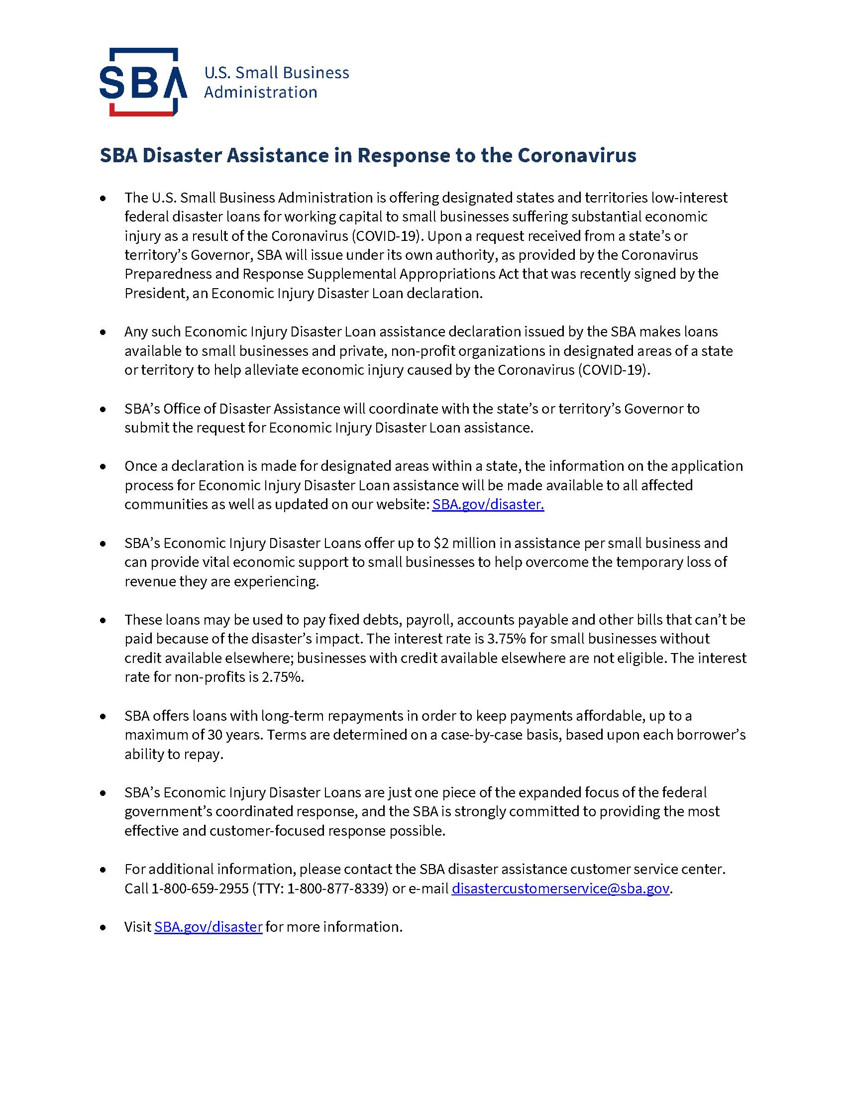 SBA Disaster Assistance Flyer