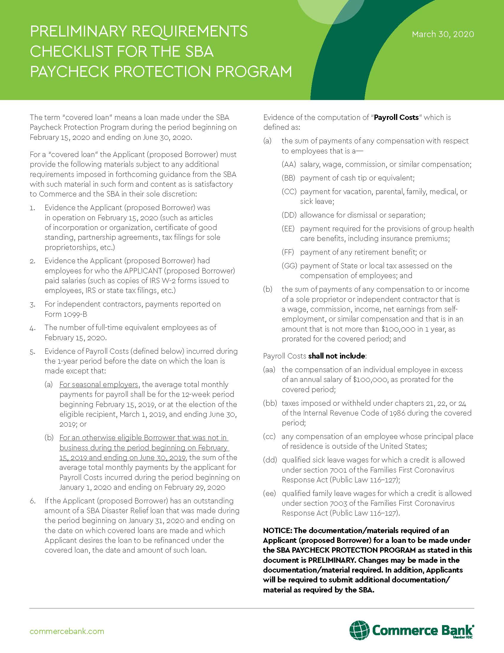SBA Paycheck Protection Preliminary Requirements Checklist SBA Paycheck Protection Preliminary Requirements Checklist